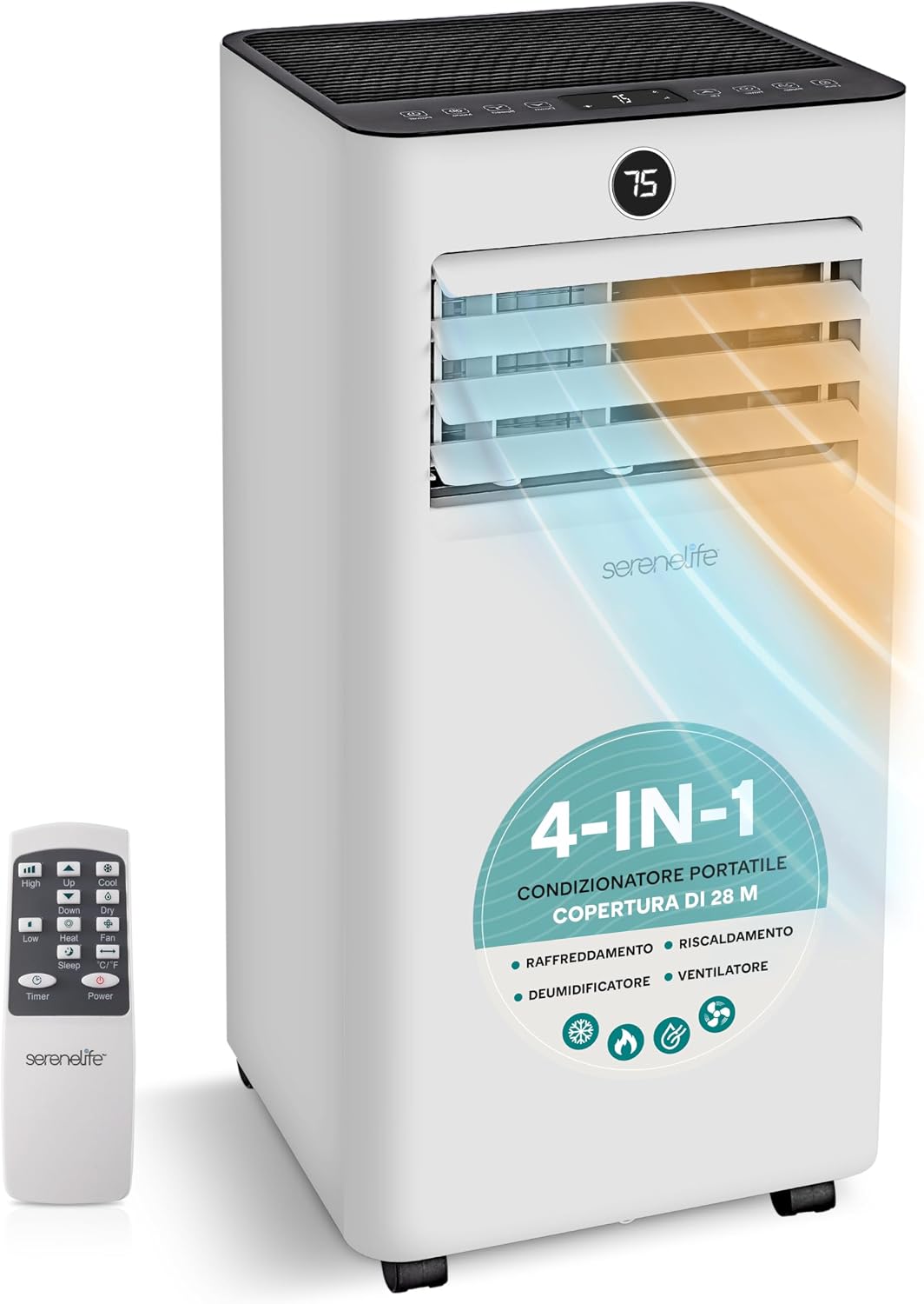 Acondicionador de aire portátil SereneLife, aire acondicionado tipo pingüino 7000 BTU, 2,05 kW / 1,9 kW, 2050 W refrigeración/1900 W calefacción, compacto con pantalla y kit de ventana