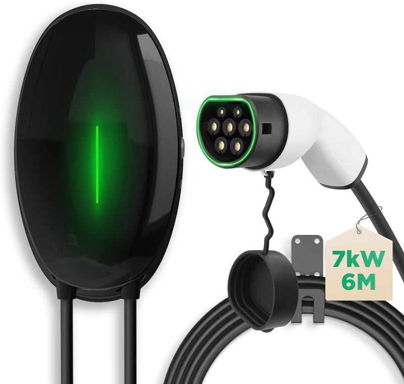EIDYBOX Wallbox Tipo 2 para vehículo eléctrico, estación de carga de 7,4 kW monofásica 32 A con cable de 6 m, punto de carga para vehículos eléctricos en el hogar, resistencia al agua IP66, negro