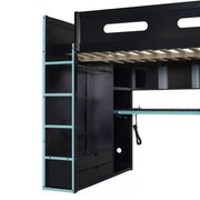 Cama alta matrimonial Merax con escritorio, armario, luces LED RGB y puerto de carga USB, elegante estructura negra con espacio de almacenamiento múltiple para amantes de los videojuegos