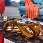 Mesa de centro abstracta moderna con base de metal y cubierta de cristal ovalada