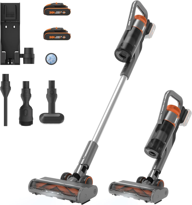 Aspiradora inalámbrica WORX 20V WX038, aspiradora de mano de 25Kpa, 45 min de autonomía, ligera para pelo de mascotas, alfombras, coche - incluye 2 baterías PowerShare, soporte de pared y cargador doble