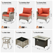 Conjunto de 9 piezas de sillas giratorias de mimbre para exteriores OVIOS con mesa de fuego