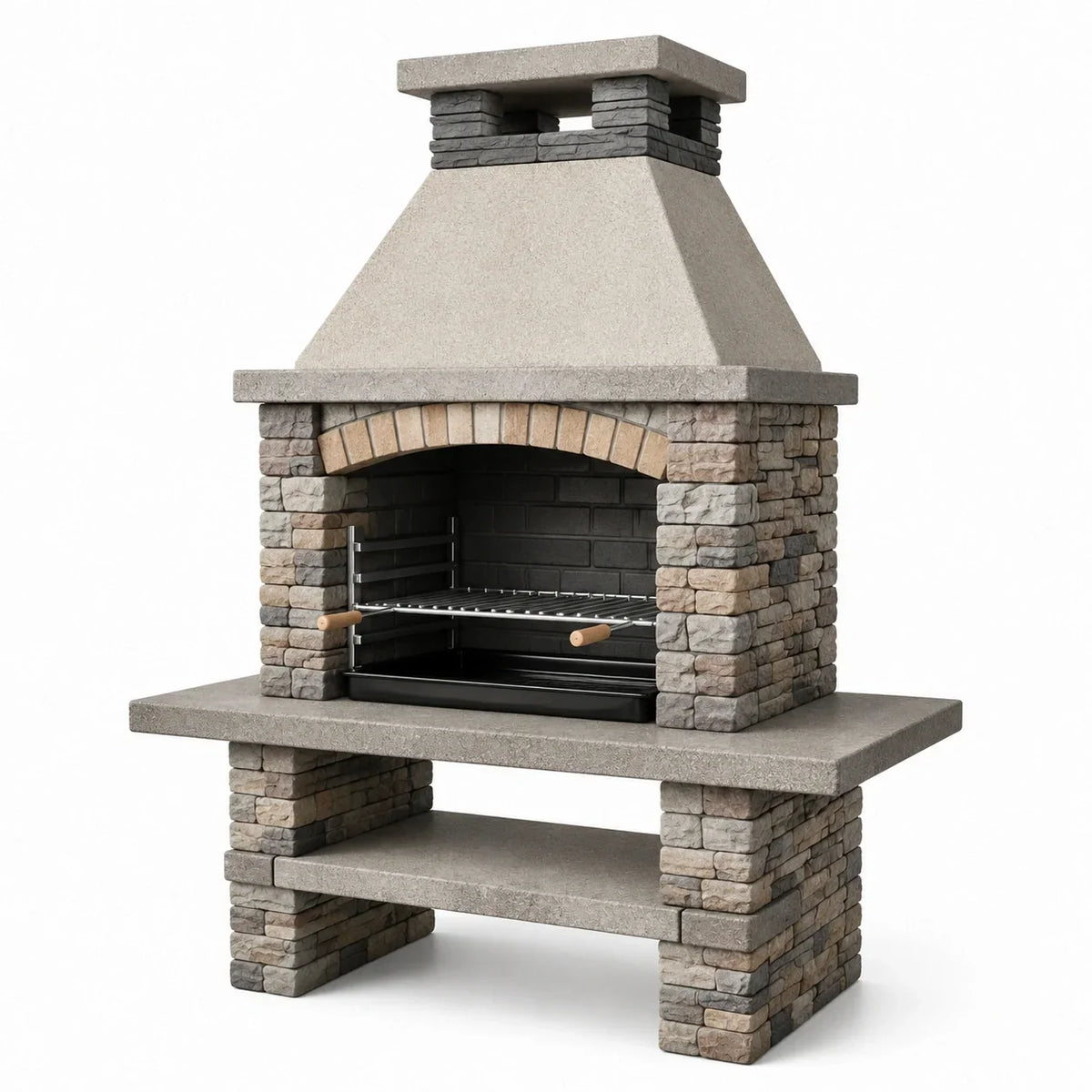 Chimenea de jardín de hormigón con aspecto de piedra natural y parrilla de acero inoxidable, gris