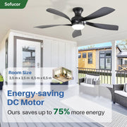 Ventilador de techo inteligente Sofucor con iluminación, ventilador de techo de 132 cm con luz, Alexa/APP, control remoto, 3 temperaturas de color, temporizador, 6 velocidades, motor CC silencioso para dormitorio y salón