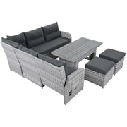 Juego de muebles de ratán para exteriores con mesa ajustable, sillones reclinables y 2 otomanas