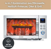 Microondas 4 en 1 SEVERIN "Crispy Wave", función de convección hasta 230 °C, freidora de aire, microondas, horno y grill, temporizador de 95 min, potencia máx. 2150 W, 25 L, plata/acero inoxidable, MW 7982