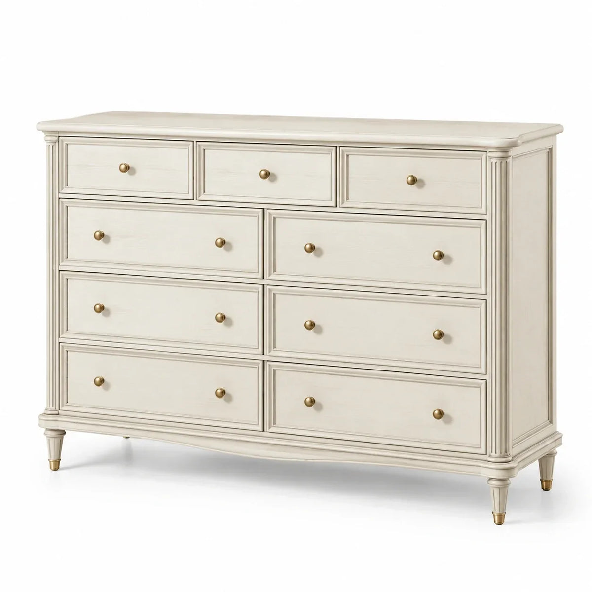 Cómoda de 9 cajones de madera y tiradores de metal en color blanco crema
