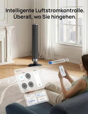 Ventilador de torre inteligente DREO 102–114 cm para dormitorio, altura ajustable, 8,4 m/s, motor CC, 9 velocidades, 4 modos, oscilación de 90°, ventilador de pie, 20 dB silencioso, temporizador de 12 h para el hogar y la oficina, Google/Alexa