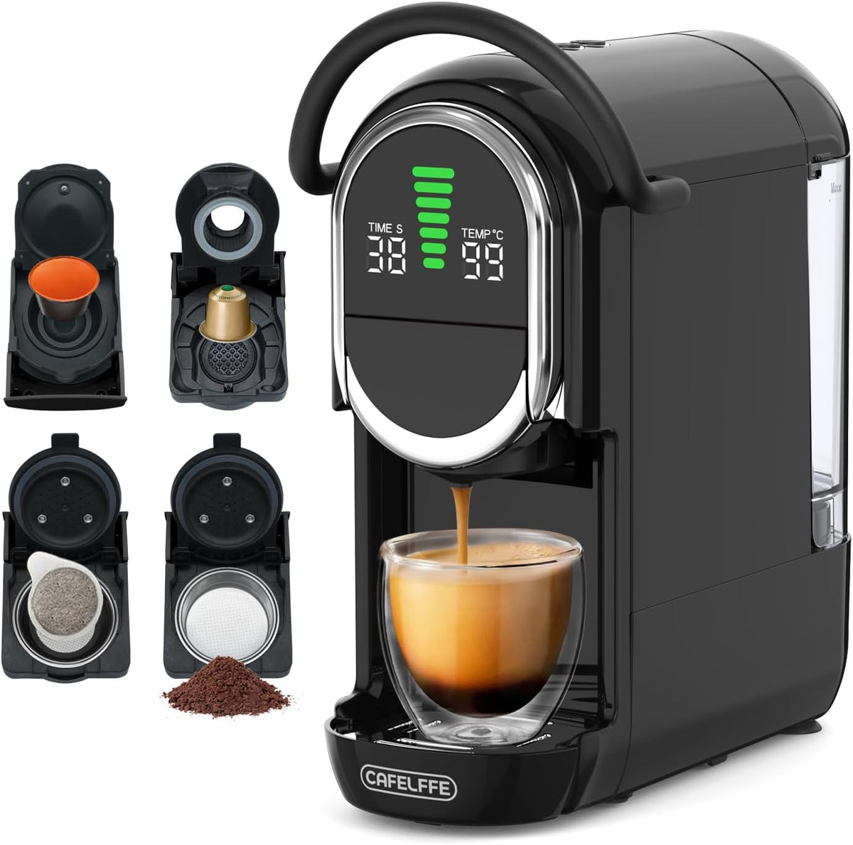 Cafetera automática Cafelffe, cafetera de cápsulas 4 en 1 con temperatura ajustable y 7 tiempos de preparación preestablecidos, máquina de espresso de 19 bares para NES/DG/ESE/café molido, negro
