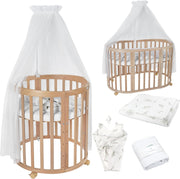 Cuna ovalada evolutiva Waldin, set completo 7 en 1, cuna de barrotes, cama infantil con colchón, cambiador, cuna colecho, madera blanca