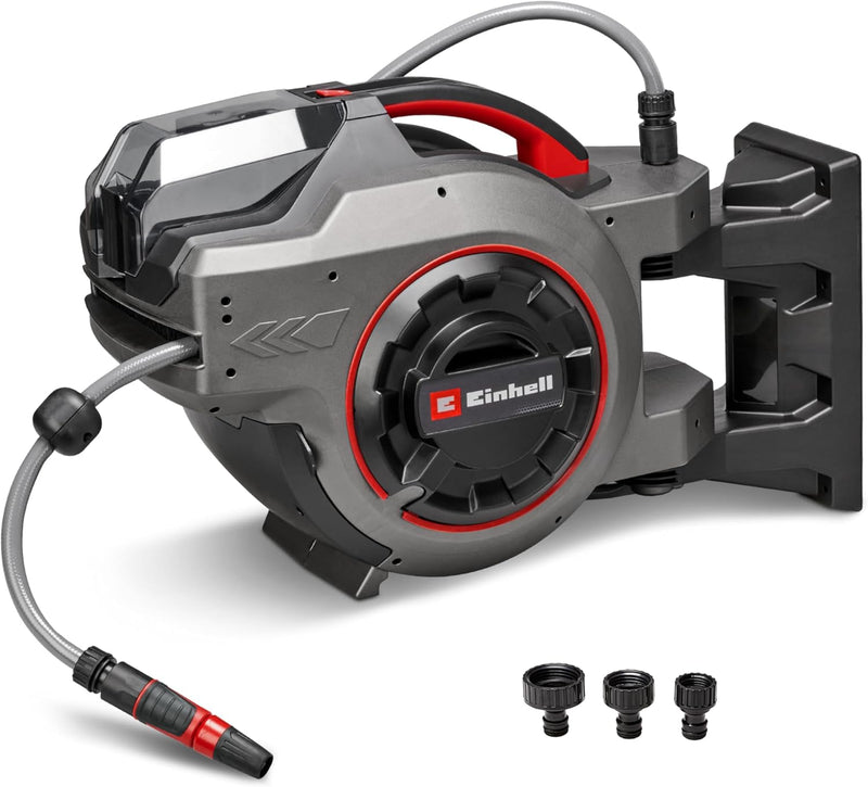 Enrollador de manguera a batería Einhell GE-HR 18/30-1 Li-Solo Power X-Change (18 V, enrollado automático de manguera, giratorio hasta 180°, soporte de pared, manguera de jardín de 30 m y rociador, sin batería)