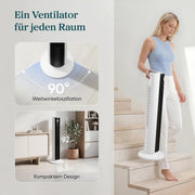 Ventilador de torre Levoit con modo de suspensión avanzado, silencioso, temporizador de 12 horas, 4 modos, 5 velocidades, modo automático con sensor, oscilación, mando a distancia, blanco, 92 cm