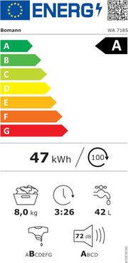 Lavadora Bomann® 8kg | máx. 1400 r.p.m. | 10 años de garantía en el motor | motor inverter robusto, silencioso y duradero | 15 programas de lavado | pantalla LED | con función de vapor | WA 7185 Titan - Negro