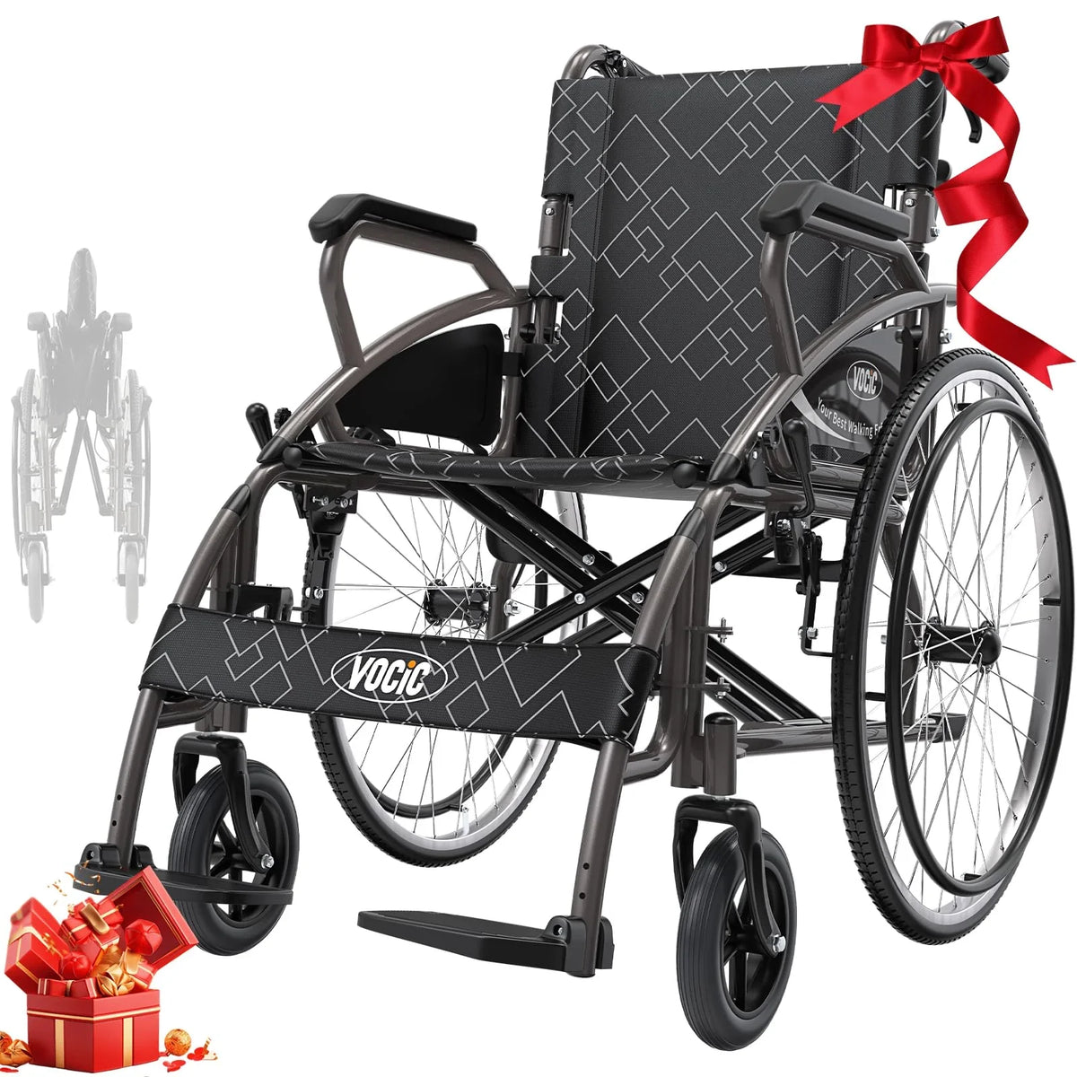 Silla de ruedas plegable y ligera VOCIC U31 autopropulsada, 150 kg, ruedas de 60 cm, asiento de 46 cm, doble freno, 17,5 kg, para exteriores y personas mayores