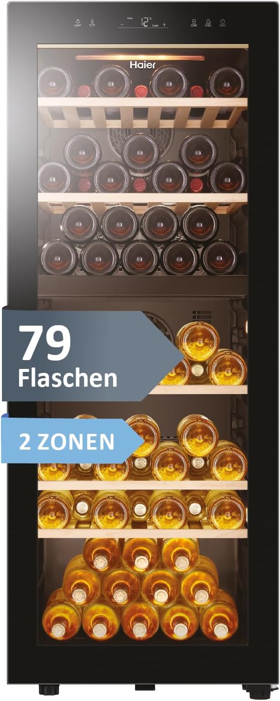 Vinoteca Haier SERIE 5 HWS79GDG I Bodega climatizada para 79 botellas I Nueva tecnología para un almacenamiento óptimo I Vinoteca de 2 zonas, puerta de cristal UV y 5 estantes de madera I Vinoteca de baja vibración
