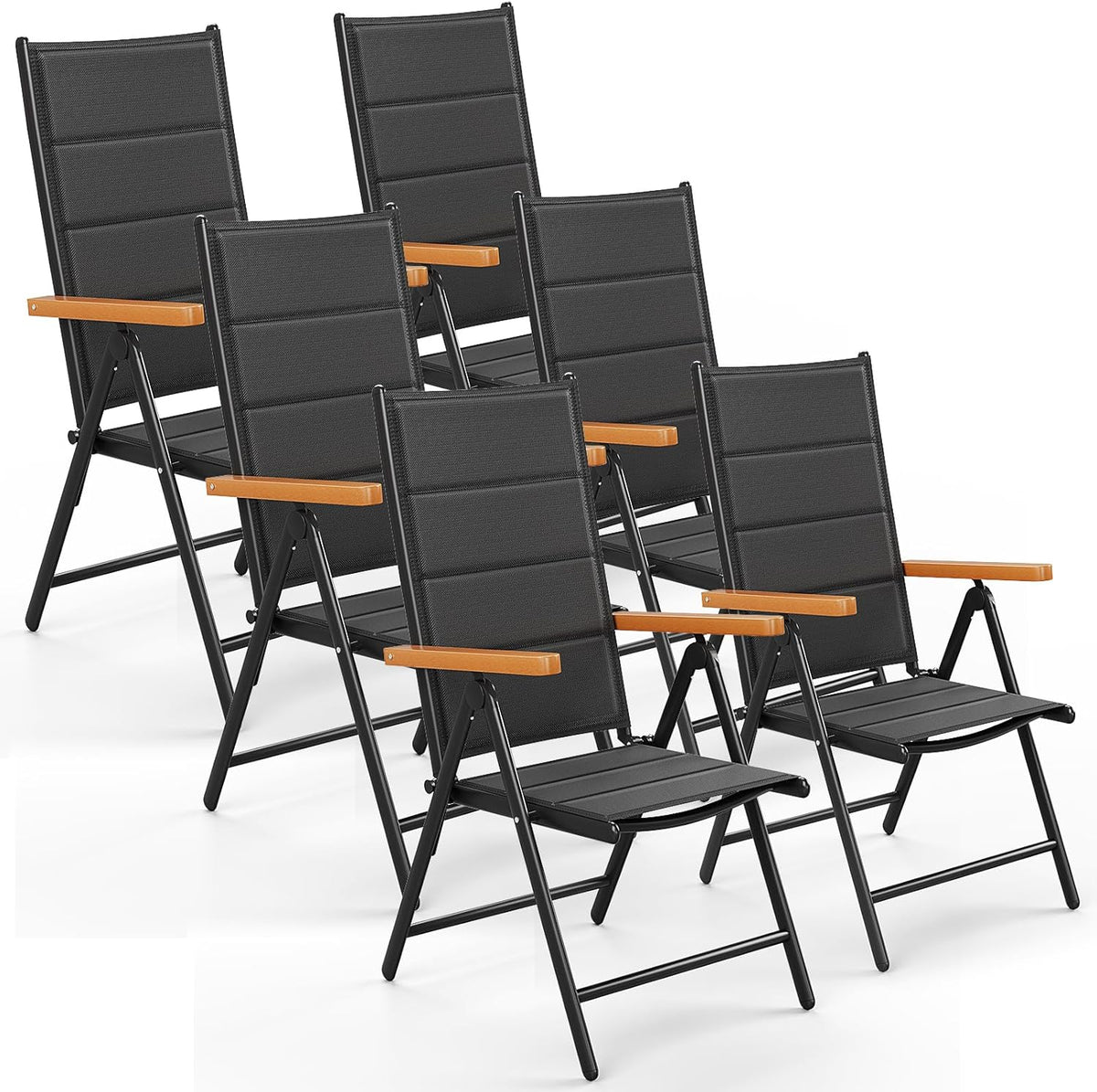LIFERUN Silla de jardín con respaldo alto plegable, juego de 6 sillas de balcón de aluminio, reposabrazos de WPC, con respaldo y asiento acolchados, ajustable en 7 posiciones, hasta 120 kg, silla de comedor para exteriores, negro, 6 unidades