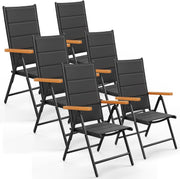 LIFERUN Silla de jardín con respaldo alto plegable, juego de 6 sillas de balcón de aluminio, reposabrazos de WPC, con respaldo y asiento acolchados, ajustable en 7 posiciones, hasta 120 kg, silla de comedor para exteriores, negro, 6 unidades