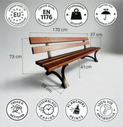 REKORD Banco de jardín 170 x 59 x 73 cm Banco de exterior robusto de metal y madera con respaldo resistente a la intemperie para parque, terraza y patio delantero - Lodzka - Palisandro