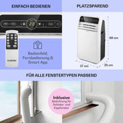 Aire acondicionado portátil Klarstein con manguera de escape, unidad 4 en 1 con ventilador, deshumidificador y modo nocturno, aire acondicionado pequeño y portátil para el hogar y la oficina, bajo consumo, 9000 BTU
