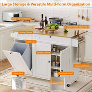 Isla móvil de 55 pulgadas con toma de corriente y mesa plegable, carrito de isla de cocina con ruedas y gabinete para almacenamiento de basura para cocina