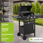 Barbacoa de gas con carro Louisiana, 3 quemadores, 8,1 kW, con tapa, termómetro, rejilla para mantener caliente, parrilla y funda protectora