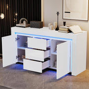 Aparador ModernLuxe LED de alto brillo para salón, armario auxiliar de 140x40x65 cm, 3 cajones y 2 puertas, cómoda moderna con almacenamiento para recibidor, oficina y salón, blanco