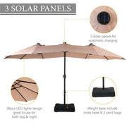 Sombrilla de mercado para exteriores rectangular de 15 pies, de doble cara, con manivela, luces LED solares y base incluida