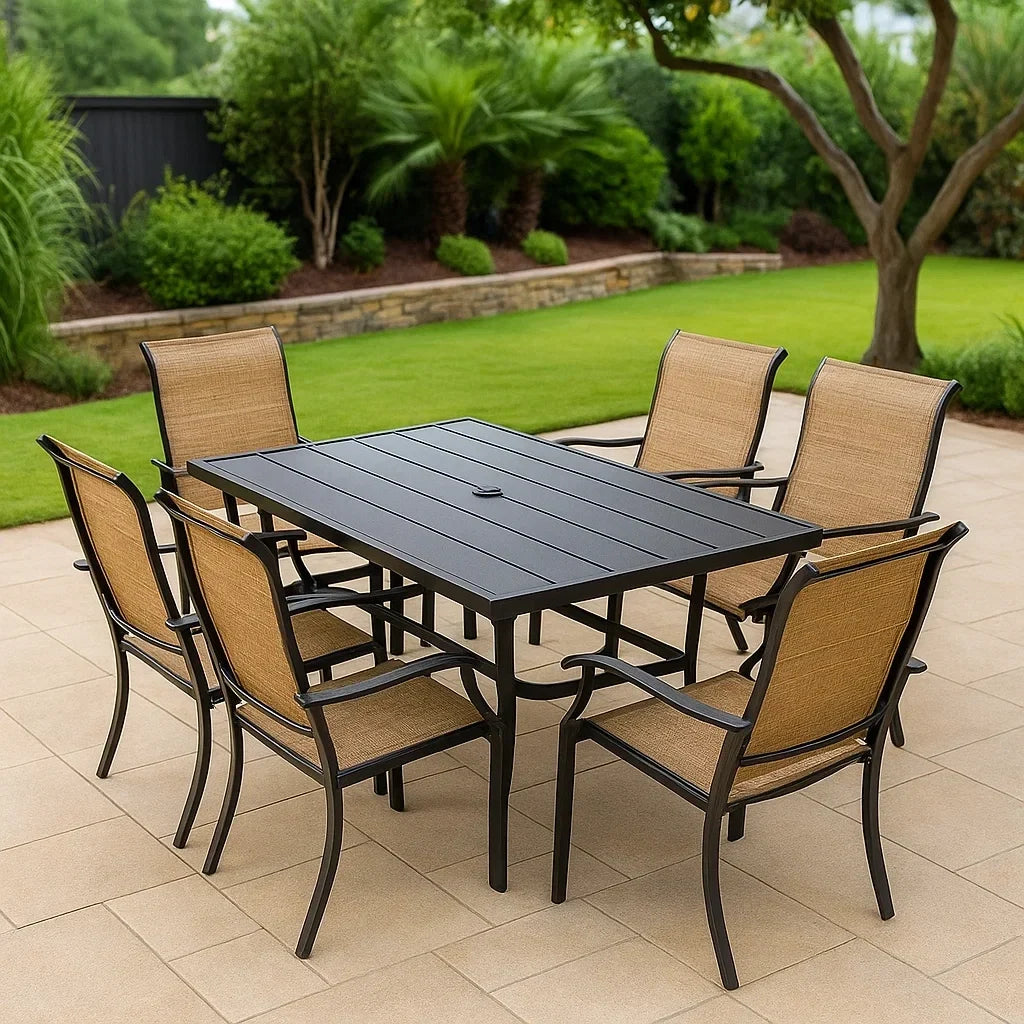 Conjunto de jardín con mesa de comedor de 7 piezas y 6 plazas, color negro/beige, en metal/poliéster, con 1 mesa de comedor y 6 sillas