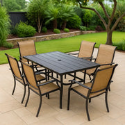 Conjunto de jardín con mesa de comedor de 7 piezas y 6 plazas, color negro/beige, en metal/poliéster, con 1 mesa de comedor y 6 sillas