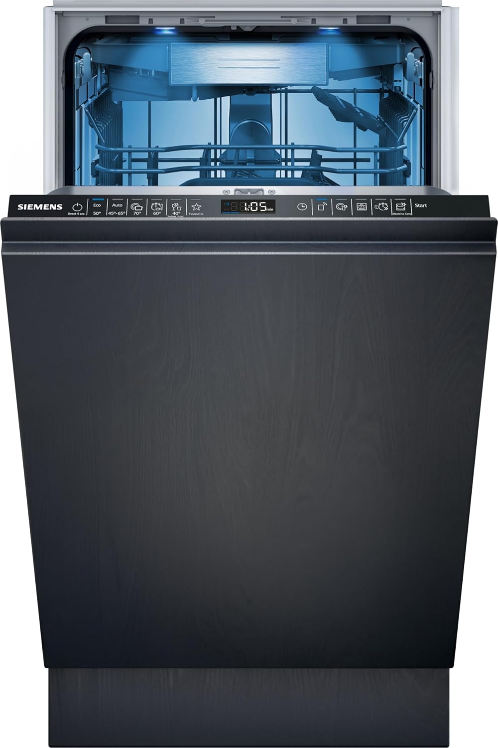 Siemens SR65YX08ME, lavavajillas inteligente iQ500 totalmente integrable, 45 cm de ancho, tercera bandeja para cubiertos, Zeolita, extra silencioso, aquaStop, apertura automática de puerta al finalizar el programa, varioSpeed, iluminación interior
