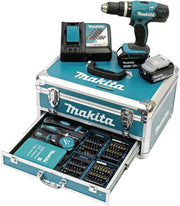 Taladro percutor a batería Makita DHP453RFX2 18 V / 3,0 Ah en maletín de aluminio + juego de accesorios de 96 piezas, azul/plateado
