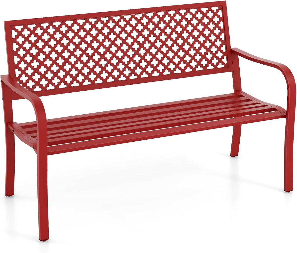 COSTWAY Banco de jardín de metal, banco resistente a la intemperie para 2-3 personas, banco de parque con respaldo y reposabrazos, banco de metal con capacidad de carga de hasta 300 kg, banco de hierro para jardín, terraza, balcón, 127 x 62 x 86 cm (rojo)