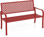 COSTWAY Banco de jardín de metal, banco resistente a la intemperie para 2-3 personas, banco de parque con respaldo y reposabrazos, banco de metal con capacidad de carga de hasta 300 kg, banco de hierro para jardín, terraza, balcón, 127 x 62 x 86 cm (rojo)