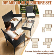 Set de muebles de jardín de ratán sintético para 4 personas, con sofá de 2 plazas, 2 sillas, mesa y cojines, resistente a la intemperie, conjunto de muebles de terraza y balcón en negro para jardín, patio y balcón