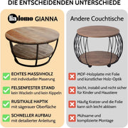 Mesa de centro Gianna, redonda 86 cm, mesa de salón, mesa auxiliar, tablero de madera de mango, estructura de metal con recubrimiento en polvo negro, con estante adicional, robusta, de fácil mantenimiento