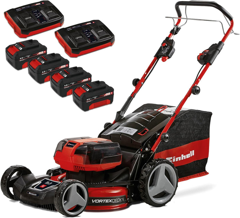 Einhell Professional Cortacésped inalámbrico GP-CM 36/47 S HW Li Power X-Change (36V, 47 cm de ancho de corte, autopropulsado, motor sin escobillas) incluye 4 baterías de 4,0Ah y 2 cargadores dobles
