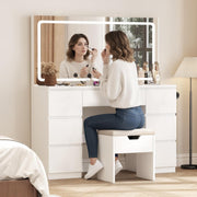TRIUMPHKEY Tocador grande con espejo e iluminación LED de 115 cm, temperatura de color ajustable, tocador de 7 cajones con toma de corriente y taburete, 115x40x139 cm, blanco