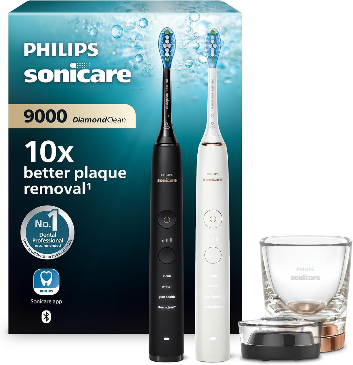 Cepillo de dientes eléctrico Philips Sonicare DiamondClean 9000, cepillo sónico con aplicación, sensor de presión, 4 modos de limpieza, 3 niveles de intensidad, vaso de carga, negro y oro rosa, paquete doble, modelo HX9914/57