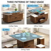 Mesa de centro elevable moderna multifuncional Zeus & Ruta con almacenamiento oculto, 4 taburetes y ruedas, perfecta para espacios modernos