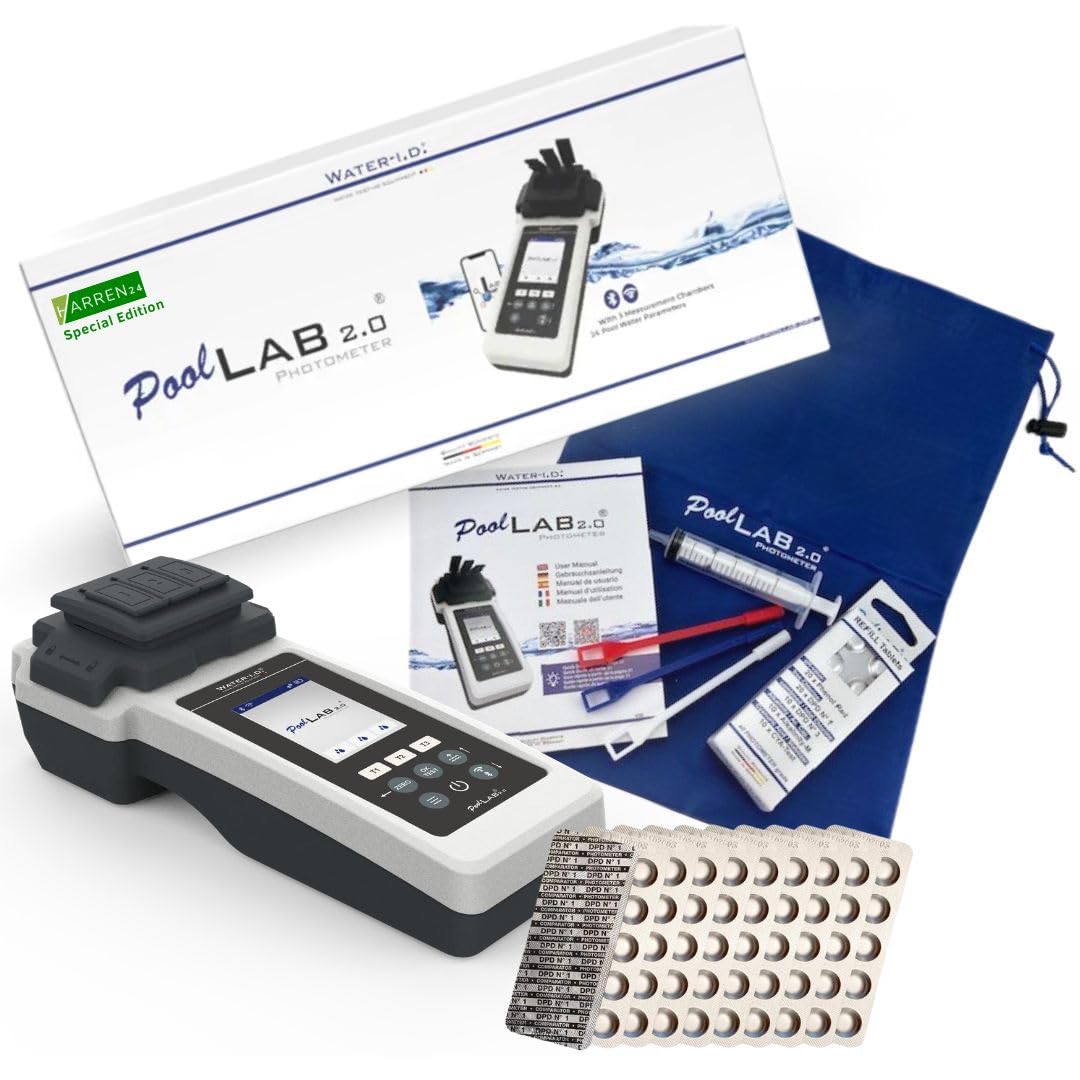 Poollab 2.0 Edición Especial - Probador electrónico de piscinas (fotómetro) - 170 tabletas de rojo de fenol para análisis de valor de pH y cloro - Accesorios para piscinas (con DPD1,