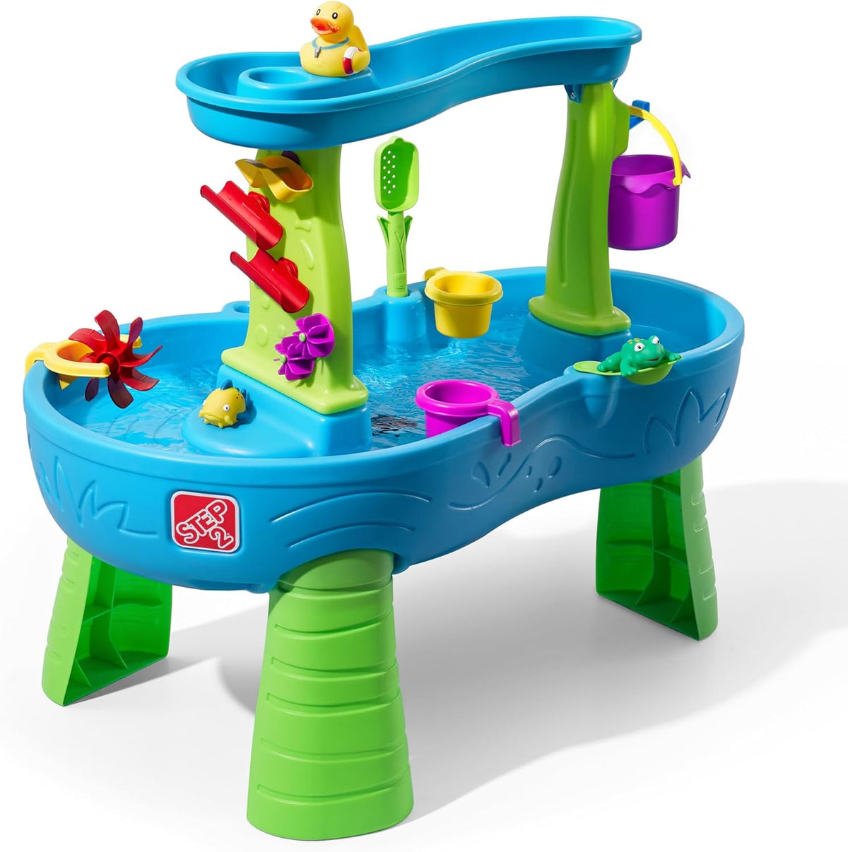 Mesa de agua Step2 Rain Shower con 13 accesorios - Azul y verde | Juego de exterior acuático | Actividad para el jardín