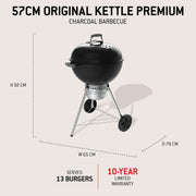 Barbacoa de carbón 57 cm Original Kettle Premium con soporte y ruedas, 2342 cm² de superficie de cocción, termómetro en la tapa