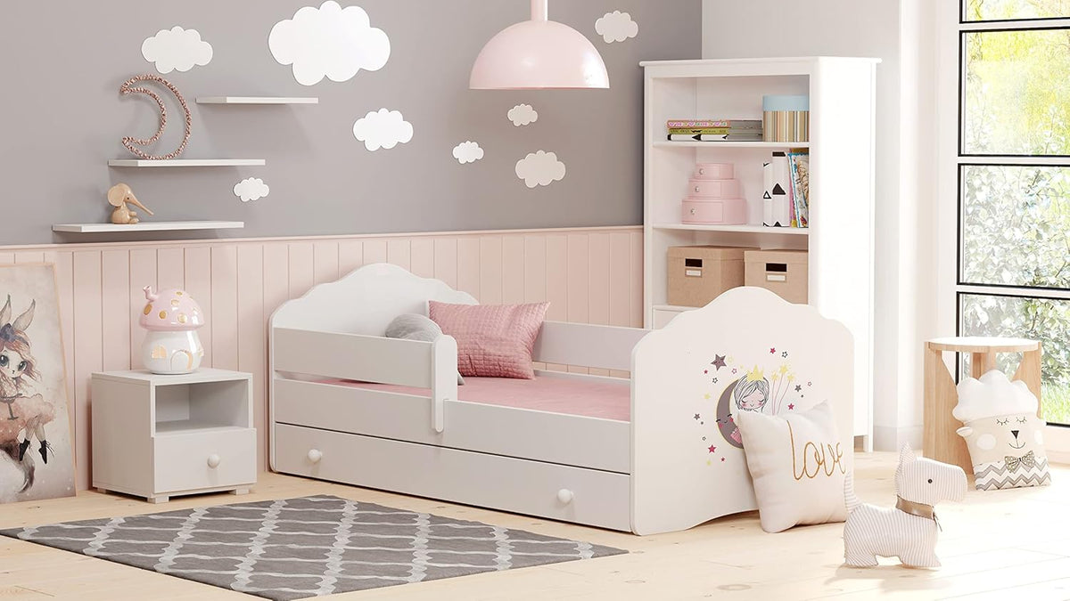 Cama Infantil KOBI FALA Blanco | con Cajón de Almacenamiento | 160x80 cm | Cama para Niño y Niña Cunas para Niños | con Colchón y Somier | Mueble para Habitación de Bebé | Cama Individual con Barrera