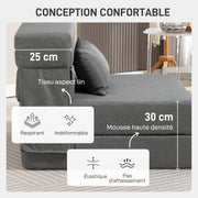 HOMCOM Sillón convertible 1 plaza 3 en 1, sillón cama plegable, sofá individual de lino con asiento amplio, cojín incluido, colchón plegable de 210 cm para invitados, salón, espacios pequeños, gris