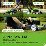 Cortacésped autopropulsado a batería Greenworks 48V (24V x 2) para hasta 480m², 46cm de ancho de corte, saco de 55L, cortacésped eléctrico más dos baterías de 4Ah y cargador doble, 3 años de garantía, GD24X2LM46SPK4X