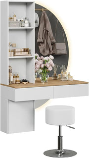 Tocador Vicco Melora, blanco/roble, 100 cm con espejo LED y taburete