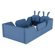 Cama plataforma doble Whisen, cama de suelo tapizada para niños con cojín de conejo, barandillas laterales extraíbles