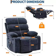 Sillón reclinable mecedor con masaje y calefacción, silla reclinable giratoria de 360 grados para adultos, silla de guardería de lino con bolsillo lateral y dos portavasos