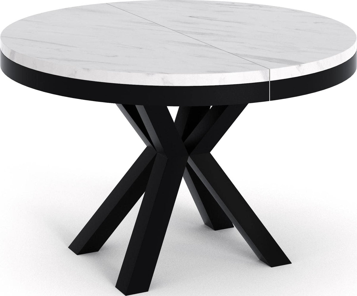 WFL GROUP Mesa de comedor redonda extensible con efecto mármol blanco - Mesa de estilo loft con patas de metal - Mesa industrial para salón - Ahorro de espacio - Mármol blanco - 100 a 180 cm