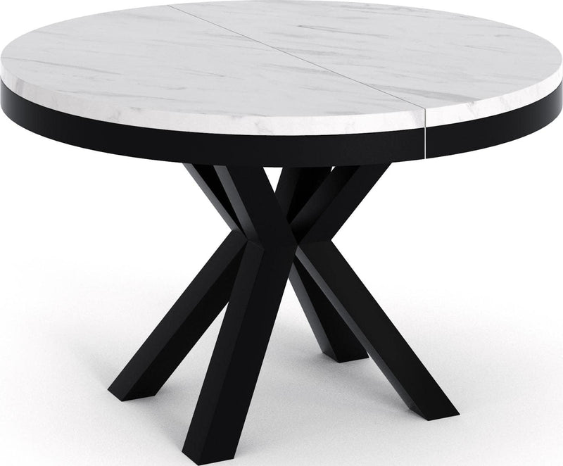 WFL GROUP Mesa de comedor redonda extensible con efecto mármol blanco - Mesa de estilo loft con patas de metal - Mesa industrial para salón - Ahorro de espacio - Mármol blanco - 100 a 180 cm